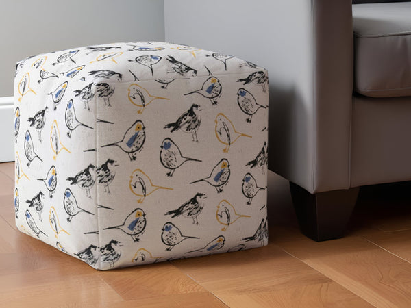Homeroots 17" Yellow And White Canvas Birds Pouf Ottoman   518279
