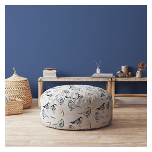 Homeroots 24" Yellow And White Canvas Round Birds Pouf Ottoman   518280