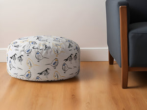 Homeroots 24" Yellow And White Canvas Round Birds Pouf Ottoman   518280