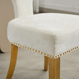 English Elm Mid Mid Century Modern Dining Chair Set with Curved Copper-Nail Backrest, High-Density Foam Seat, Brushed Stainless Legs Beige W1143P314902