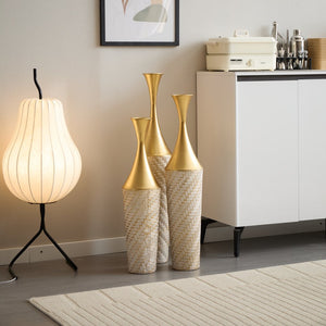 English Elm Floor Metal Vase Set - 3-Piece Modern Geometric Decor With Woven Texture & Glazed Finish,  Tall Accent W2796P255611