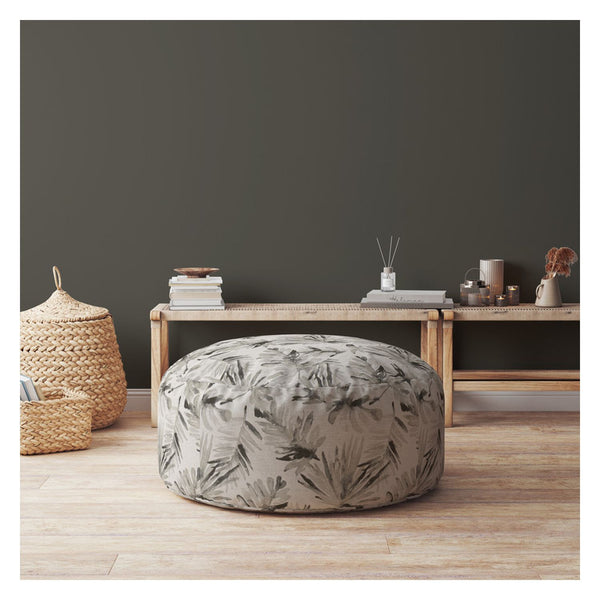 Homeroots 24" Beige Cotton Round Floral Pouf Ottoman   518290