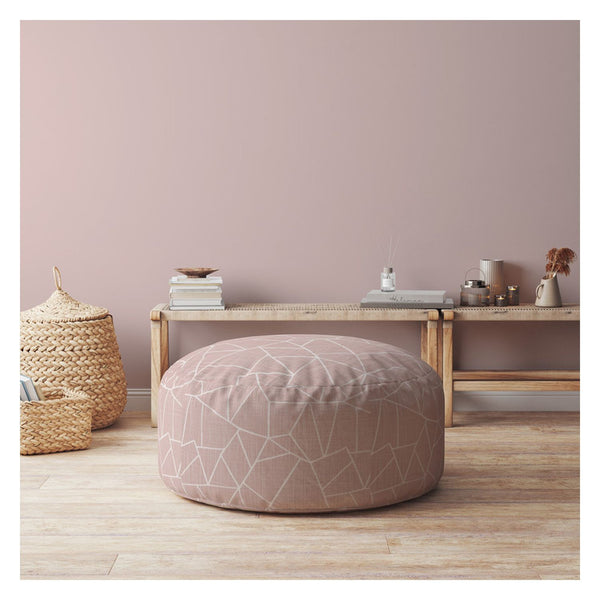 Homeroots 24" Pink Canvas Round Geometric Pouf Ottoman   518292