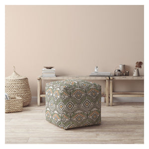 Homeroots 17" Orange Cotton Damask Pouf Ottoman   518297