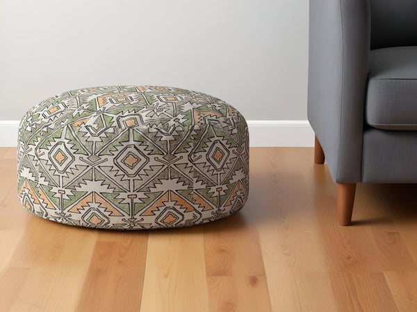 Homeroots 24" Orange Cotton Round Damask Pouf Ottoman   518298