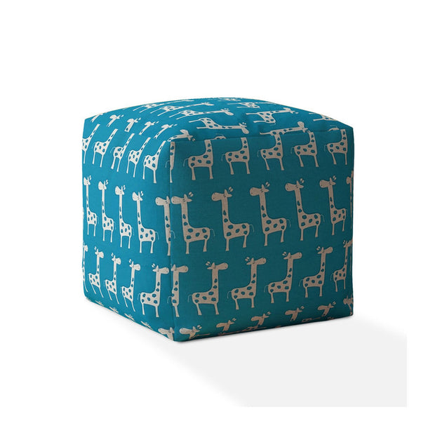 Homeroots 17" Blue And White Cotton Giraffe Pouf Ottoman   518299