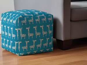 Homeroots 17" Blue And White Cotton Giraffe Pouf Ottoman   518299