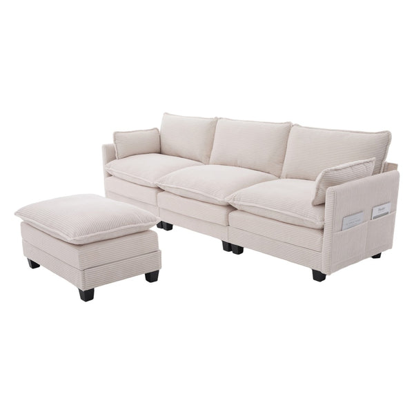 English Elm United We Win Modular Corduroy Sectional with Ottoman Low Profile Living Room Couch Beige W1568S00259