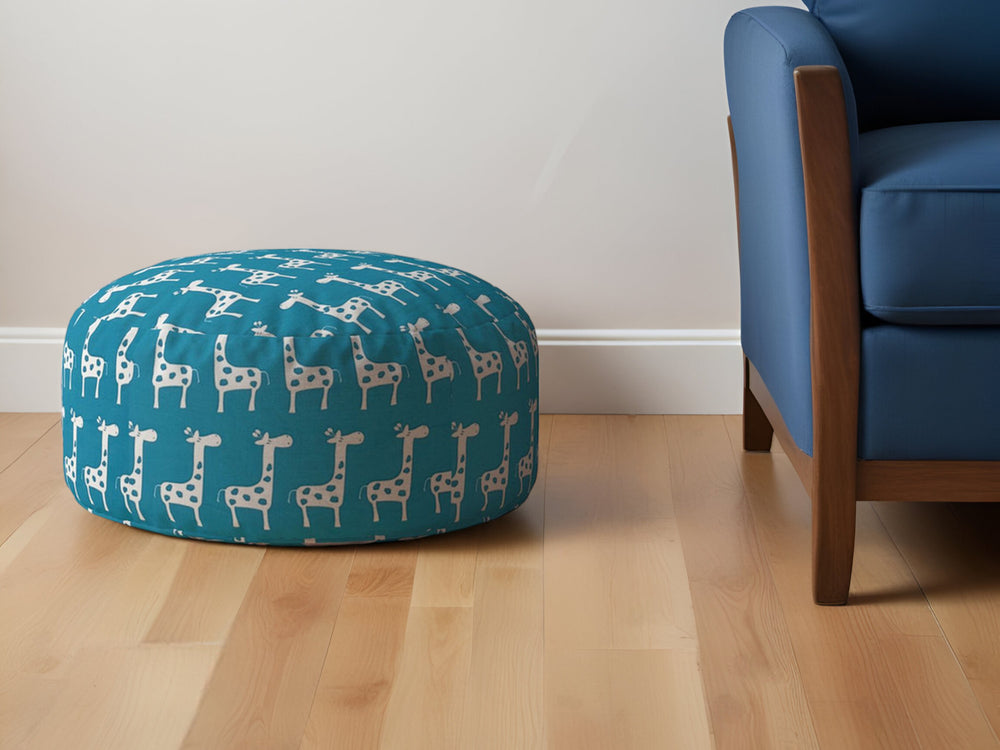 Homeroots 24" Blue And White Cotton Round Giraffe Pouf Ottoman   518300