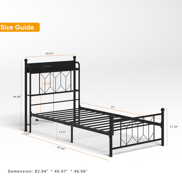 English Elm Twin Bed Frames with Storage Headboard, Built-In USB/Type-C Charging, LED Light, Space-Saving Design Black W2129P314785