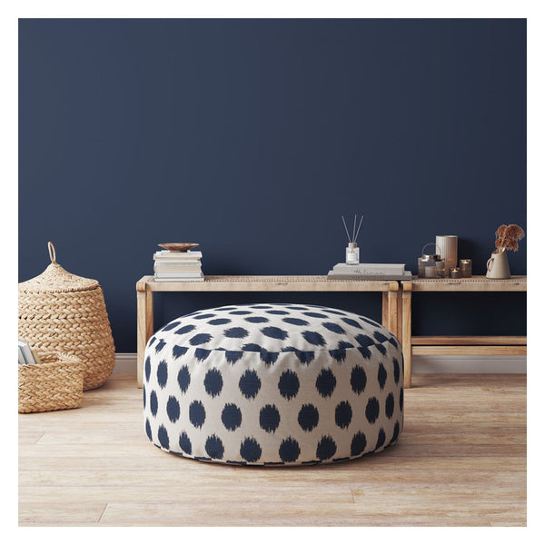 Homeroots 24" Blue And White Canvas Round Polka Dots Pouf Ottoman   518302