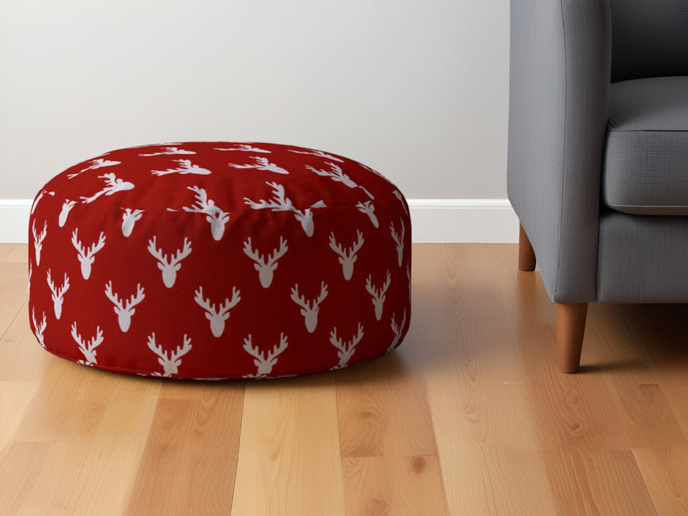 Homeroots 24" Red And White Cotton Round Stag Pouf Ottoman   518314