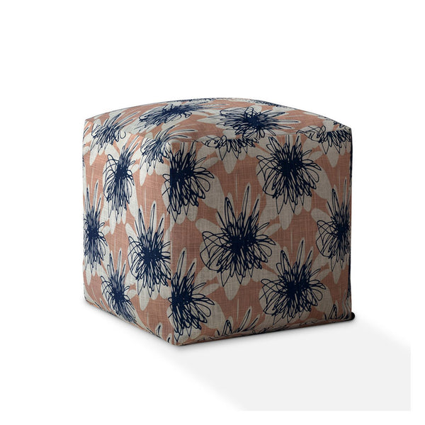 Homeroots 17" Pink And Blue Canvas Floral Pouf Ottoman   518317