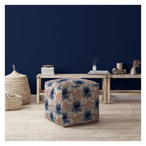 Homeroots 17" Pink And Blue Canvas Floral Pouf Ottoman   518317