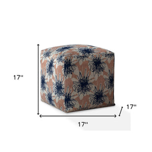 Homeroots 17" Pink And Blue Canvas Floral Pouf Ottoman   518317