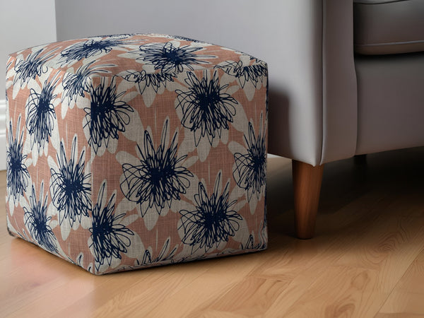 Homeroots 17" Pink And Blue Canvas Floral Pouf Ottoman   518317