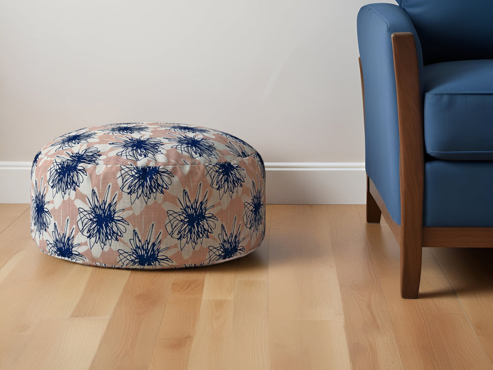 Homeroots 24" Pink And Blue Canvas Round Floral Pouf Ottoman   518318