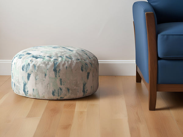 Homeroots 24" Blue And White Canvas Round Abstract Pouf Ottoman   518322