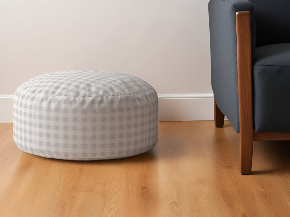 Homeroots 24" Gray Cotton Round Gingham Pouf Ottoman   518332