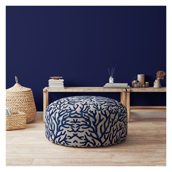 Homeroots 24" Blue Canvas Round Abstract Pouf Ottoman   518338
