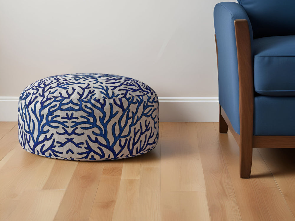 Homeroots 24" Blue Canvas Round Abstract Pouf Ottoman   518338