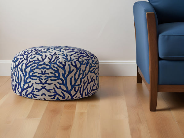 Homeroots 24" Blue Canvas Round Abstract Pouf Ottoman   518338