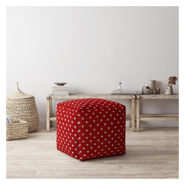 Homeroots 17" Red Cotton Polka Dots Pouf Ottoman Bright Red,White  518341