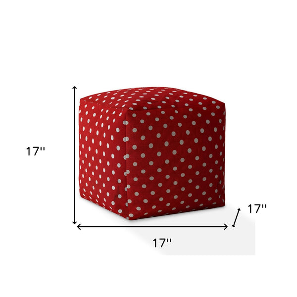 Homeroots 17" Red Cotton Polka Dots Pouf Ottoman Bright Red,White  518341