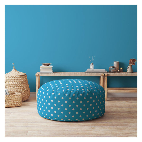 Homeroots 24" Blue Cotton Round Polka Dots Pouf Ottoman Coastal Blue  518344
