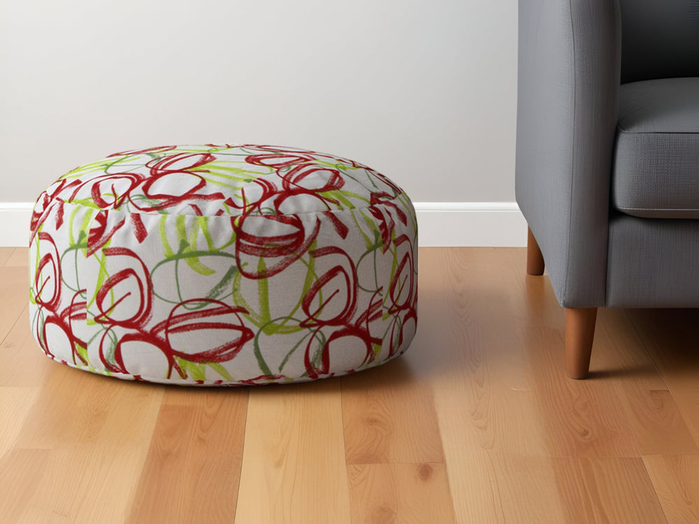 Homeroots 24" Red And White Cotton Round Abstract Pouf Ottoman   518348