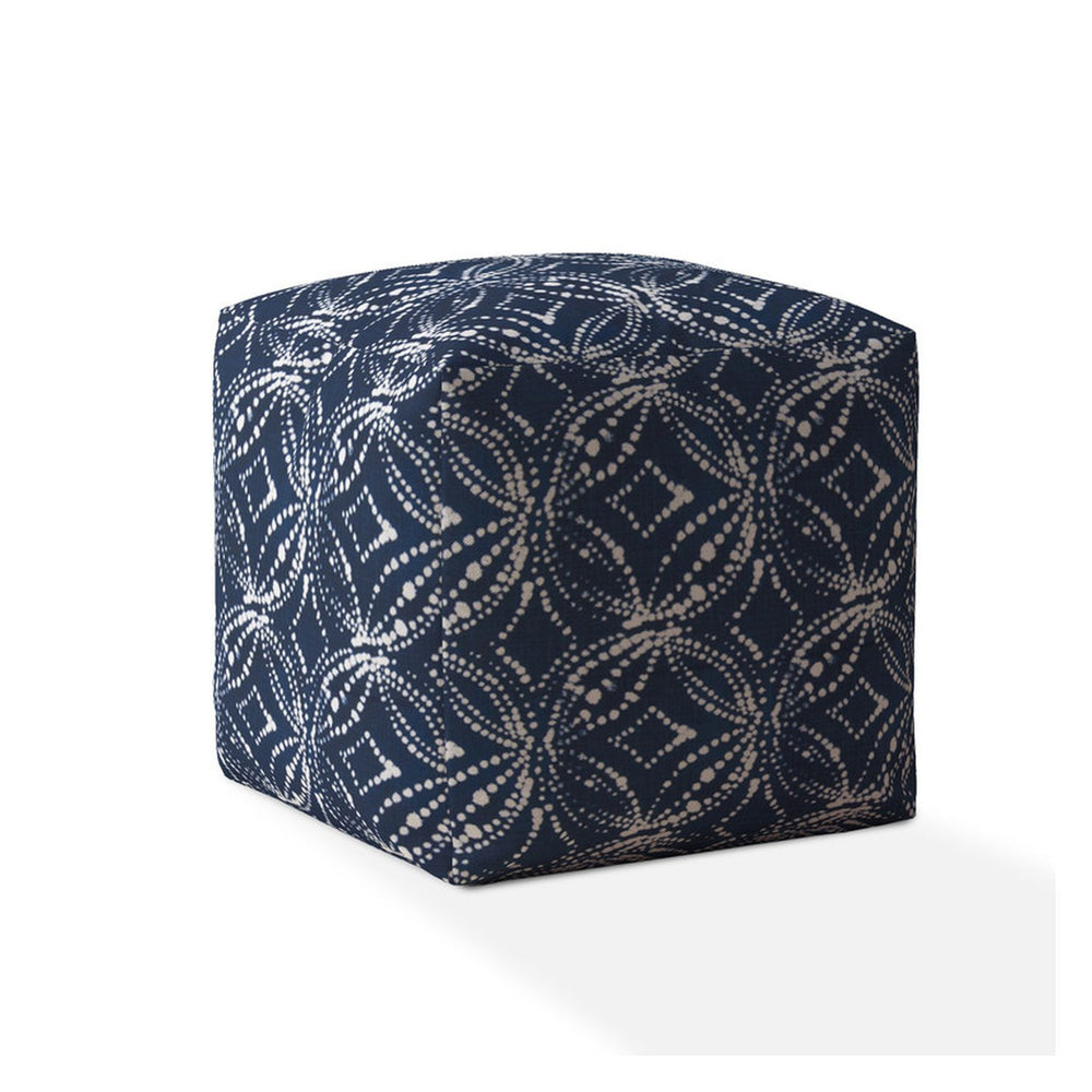 Homeroots 17" Blue And White Canvas Damask Pouf Ottoman Denim  518349