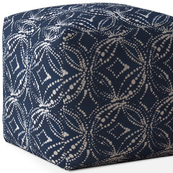 Homeroots 17" Blue And White Canvas Damask Pouf Ottoman Denim  518349