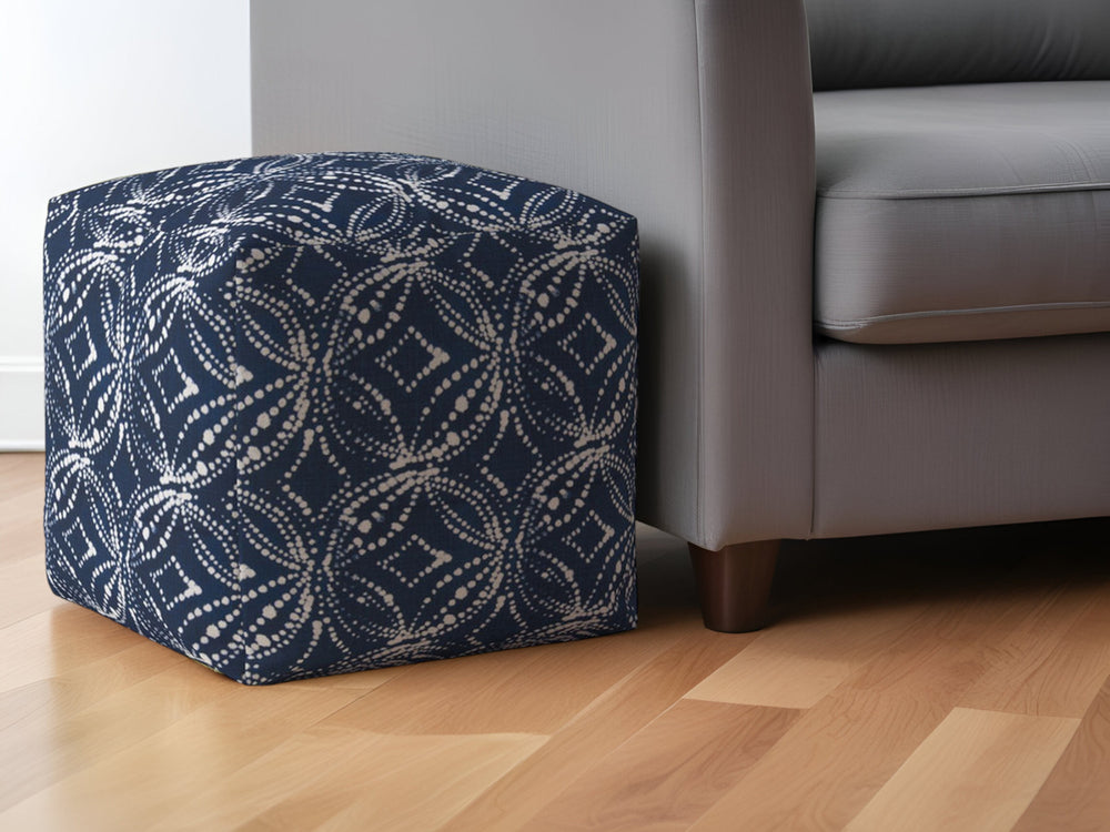 Homeroots 17" Blue And White Canvas Damask Pouf Ottoman Denim  518349