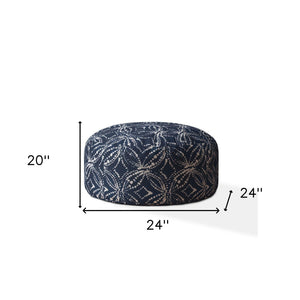 Homeroots 24" Blue And White Canvas Round Damask Pouf Ottoman   518350