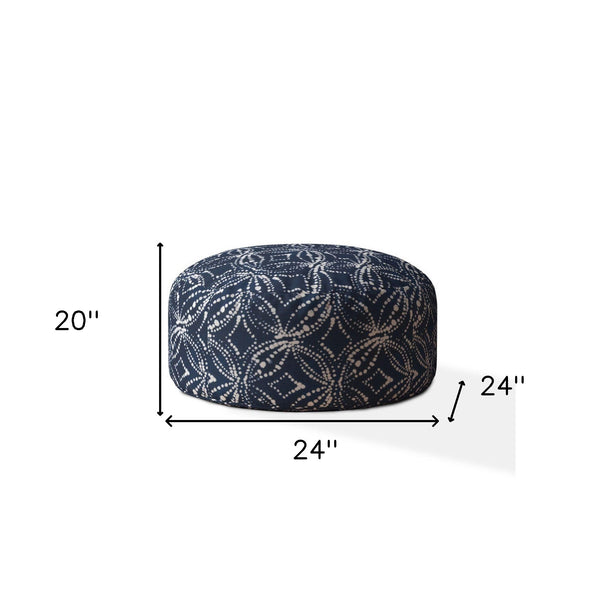Homeroots 24" Blue And White Canvas Round Damask Pouf Ottoman   518350