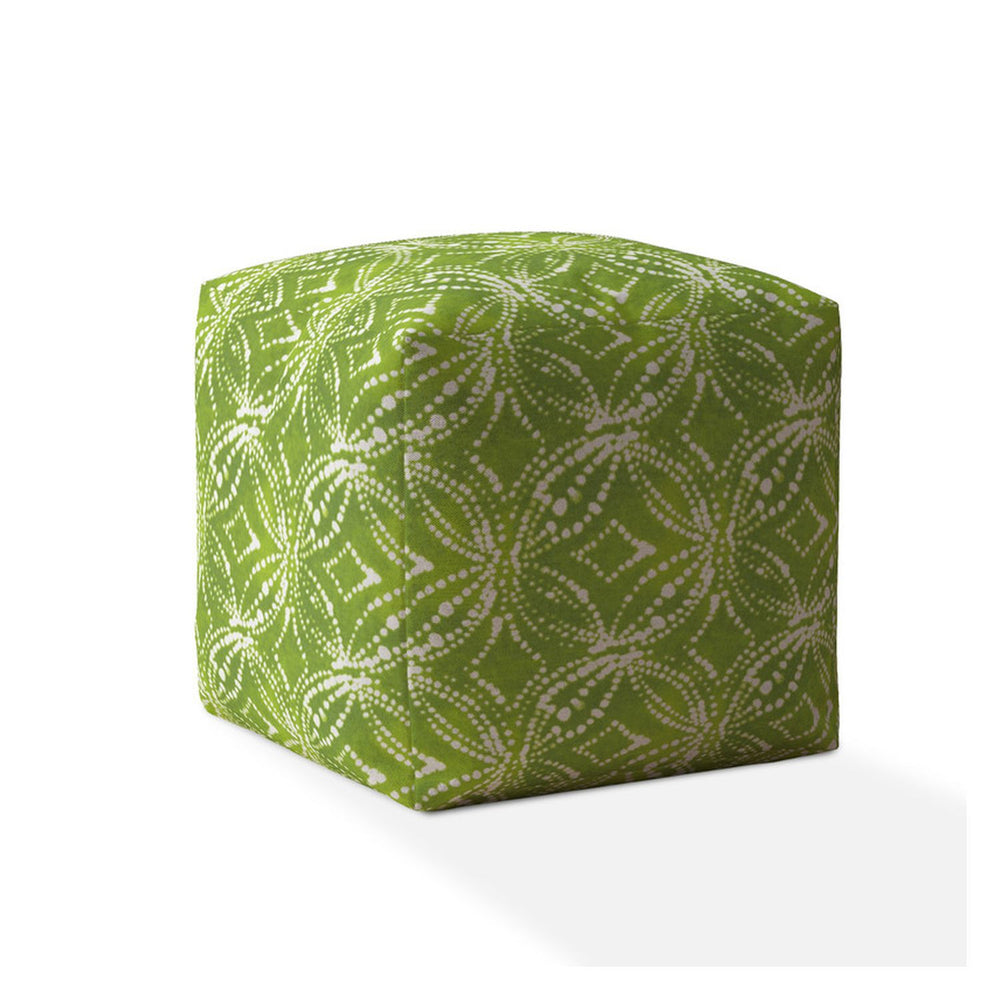 Homeroots 17" Green And White Cotton Damask Pouf Ottoman   518351