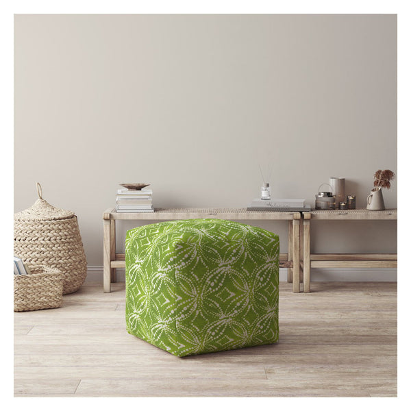 Homeroots 17" Green And White Cotton Damask Pouf Ottoman   518351