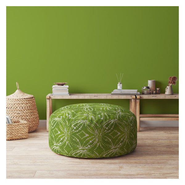 Homeroots 24" Green And White Cotton Round Damask Pouf Ottoman Green  518352