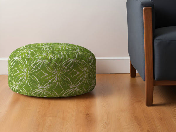 Homeroots 24" Green And White Cotton Round Damask Pouf Ottoman Green  518352