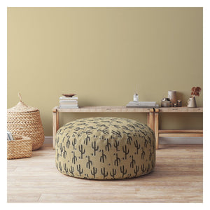Homeroots 24" Beige Cotton Round Floral Pouf Ottoman   518354