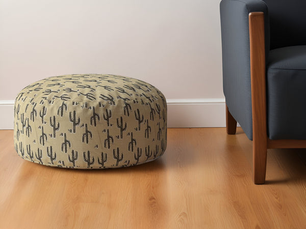 Homeroots 24" Beige Cotton Round Floral Pouf Ottoman   518354