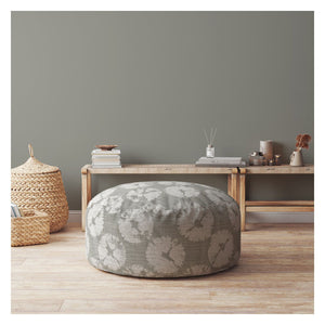 Homeroots 24" Gray Canvas Round Floral Pouf Ottoman   518356