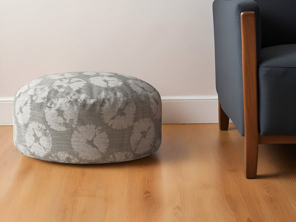 Homeroots 24" Gray Canvas Round Floral Pouf Ottoman   518356