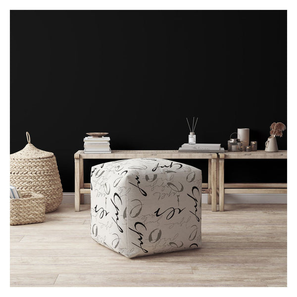 Homeroots 17" White And Gray Polyester Abstract Pouf Ottoman   518361