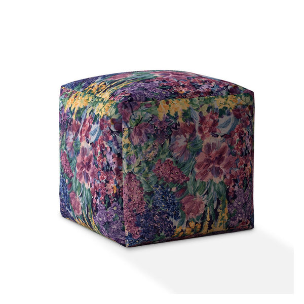 Homeroots 17" Green Cotton Floral Pouf Ottoman   518367