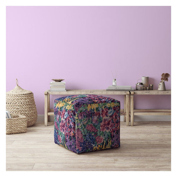 Homeroots 17" Green Cotton Floral Pouf Ottoman   518367