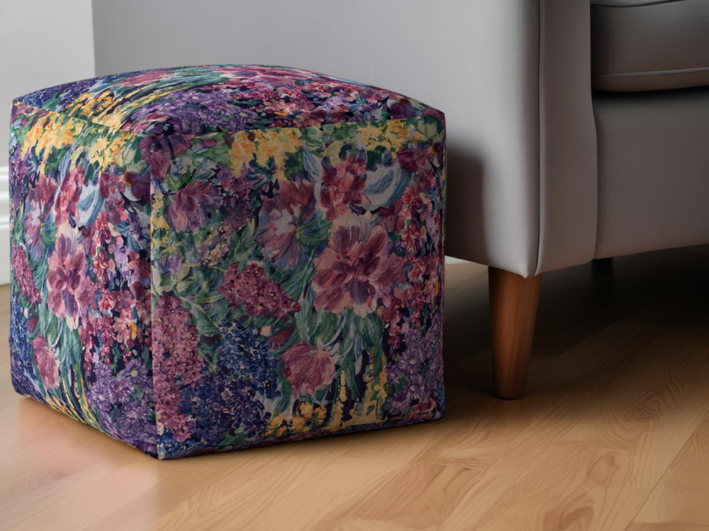 Homeroots 17" Green Cotton Floral Pouf Ottoman   518367