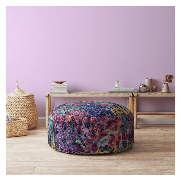 Homeroots 24" Green Cotton Round Floral Pouf Ottoman   518368