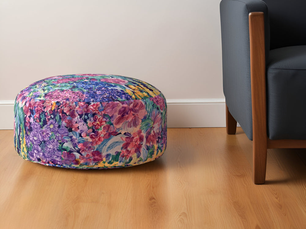 Homeroots 24" Green Cotton Round Floral Pouf Ottoman   518368