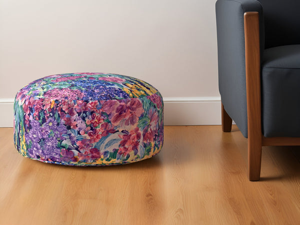 Homeroots 24" Green Cotton Round Floral Pouf Ottoman   518368